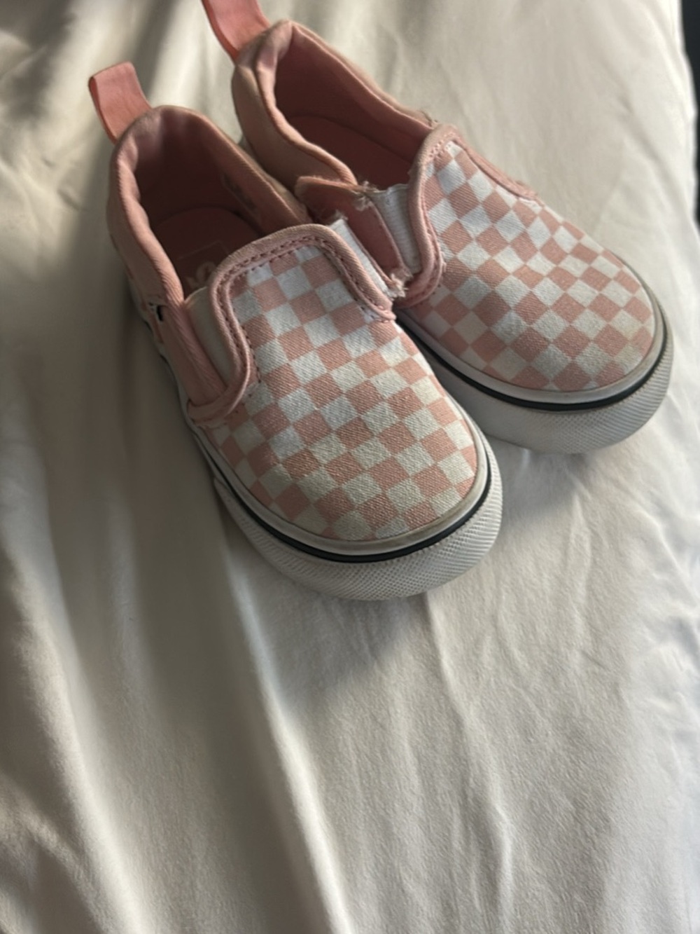 Vans Kids Slip-On Checkerboard Sneakers in Pink and White
